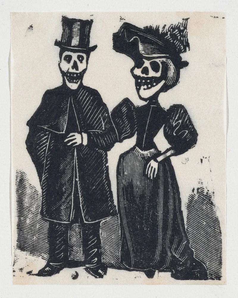 Elegantly dressed male and female skeletons arm in arm (vignette for the feast of the dead)